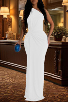 White Elegant Solid Patchwork Fold Oblique Collar Long Dresses