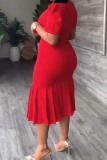 Red Sexy Casual Elegant Solid Patchwork Fold O Neck Wrapped Skirt Plus Size Dresses