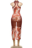 Red Street Print Patchwork O Neck Long Dresses