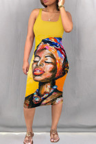 Orange Yellow Casual Print Patchwork Square Collar Wrapped Skirt Dresses