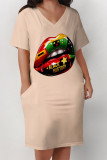 Multicolor Casual Letter Eyes Printed Lips Pocket V Neck Short Sleeve Plus Size Dresses