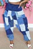 Blue Street Print Patchwork Draw String Pocket Loose High Waist Wide Leg Full Print Bottoms