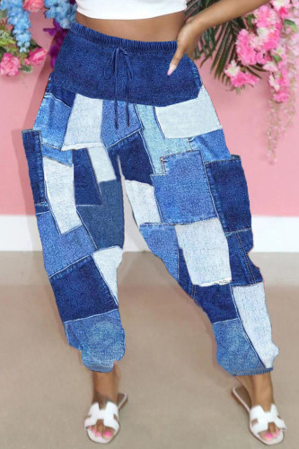 Blue Street Print Patchwork Draw String Pocket Loose High Waist Wide Leg Full Print Bottoms