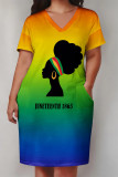 Multicolor Casual Letter Eyes Printed Lips Pocket V Neck Short Sleeve Plus Size Dresses