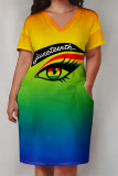 Multicolor Casual Letter Eyes Printed Lips Pocket V Neck Short Sleeve Plus Size Dresses