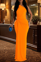 Orange Elegant Solid Patchwork Fold Oblique Collar Long Dresses