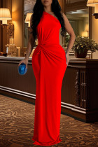 Red Elegant Solid Patchwork Fold Oblique Collar Long Dresses