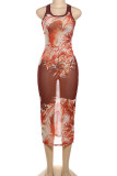 Red Street Print Patchwork O Neck Long Dresses