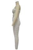 White Sexy Solid Patchwork See-through Backless Strapless Skinny Jumpsuits