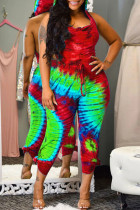 Red Sexy Casual Print Tie Dye Backless Hooded Collar Skinny Jumpsuits