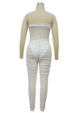 White Sexy Solid Patchwork See-through Backless Strapless Skinny Jumpsuits