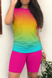 Powder White Casual Gradient Patchwork O Neck Short Sleeve Two Pieces