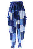 Blue Street Print Patchwork Draw String Pocket Loose High Waist Wide Leg Full Print Bottoms