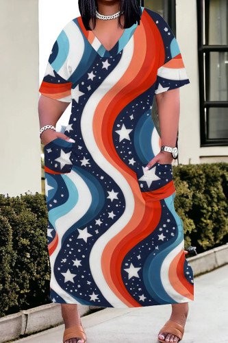 Multicolor Casual Print Patchwork Pocket V Neck Straight Plus Size Dresses