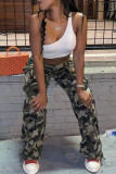 Camouflage Casual Camouflage Print Buttons Zipper Loose Mid Waist Straight Wide Leg Cargo Pants