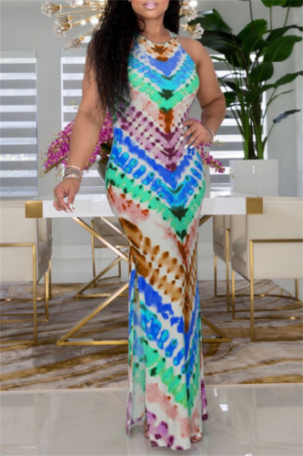 Blue Casual Print Slit O Neck Long Dresses