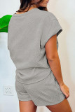 Grey Casual Striped Patchwork Draw String Pocket O Neck Short Sleeve Two Pieces