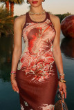 Red Street Print Patchwork O Neck Long Dresses
