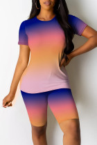 Blue Pink Casual Gradient Print Contrast O Neck Short Sleeve Two Pieces
