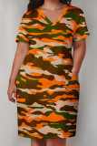 Army Green Casual Print Patchwork Pocket V Neck Straight Plus Size Dresses