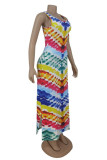 Blue Casual Print Slit O Neck Long Dresses