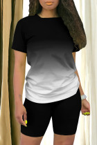 Black And White Casual Gradient Patchwork O Neck Short Sleeve Two Pieces
