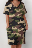 Army Green Casual Print Patchwork Pocket V Neck Straight Plus Size Dresses