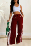 Burgundy Casual Patchwork Draw String Pocket Contrast Loose Mid Waist Wide Leg Patchwork Bottoms