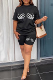 Black Casual Print Skull Finger O Neck Plus Size Two Pieces