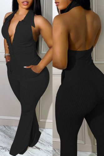 Black Sexy Casual Solid Backless Halter Skinny Jumpsuits