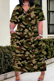 Orange Red Casual Camouflage Print Patchwork V Neck Straight Plus Size Dresses