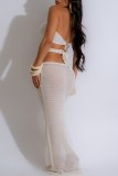 White Sexy Solid Hollowed Out Frenulum Backless Halter Beach Dresses