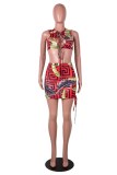 Red Sexy Print Hollowed Out Frenulum O Neck Sleeveless Two Pieces