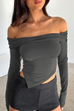 Army Green Street Solid Patchwork Fold Off the Shoulder Tops