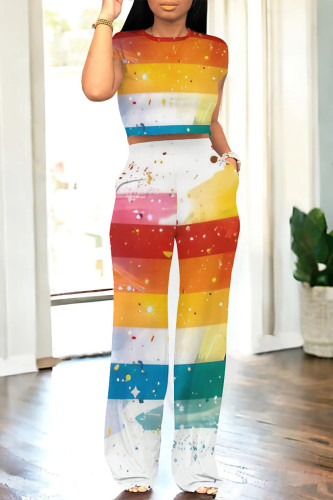 Multi-color Casual Street Gradient Print Pocket Contrast O Neck Short Sleeve Two Pieces