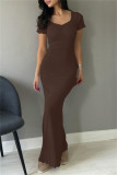 Coffee Casual Solid Basic V Neck Long Dresses