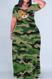Army Green Casual Camouflage Print Animal Patchwork O Neck Printed Short Sleeve Dress