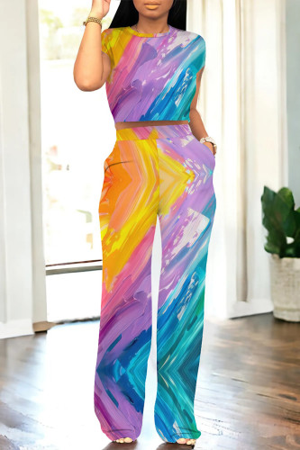 Multicolor Casual Street Gradient Print Pocket Contrast O Neck Short Sleeve Two Pieces
