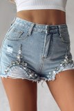 Light Blue Casual Patchwork Hot Drilling Ripped High Waist Skinny Denim Shorts