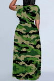 Army Green Casual Camouflage Print Animal Patchwork O Neck Printed Short Sleeve Dress