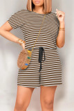 Black And White Casual Striped Patchwork Draw String Pocket O Neck Regular Rompers
