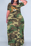 Gradient Color Casual Camouflage Print Animal Patchwork O Neck Printed Short Sleeve Dress