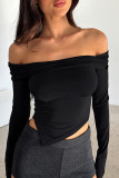 Dark Coffee Street Solid Patchwork Fold Off the Shoulder Tops