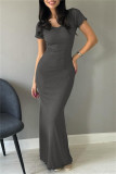 Coffee Casual Solid Basic V Neck Long Dresses