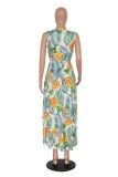 Green Sexy Print Hollowed Out Patchwork V Neck Long Dresses