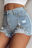 Light Blue Casual Patchwork Hot Drilling Ripped High Waist Skinny Denim Shorts