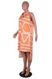 Orange Casual Print Patchwork Asymmetrical Turndown Collar Sleeveless Dresses