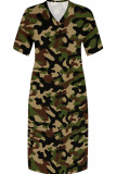 Orange Red Casual Camouflage Print Patchwork V Neck Straight Plus Size Dresses