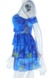 Blue Sexy Print Backless Spaghetti Strap Sleeveless Dresses