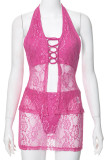 Rose Red Sexy Solid Lace Hollowed Out Patchwork See-through Cross Straps Halter Sleeveless Two Pieces